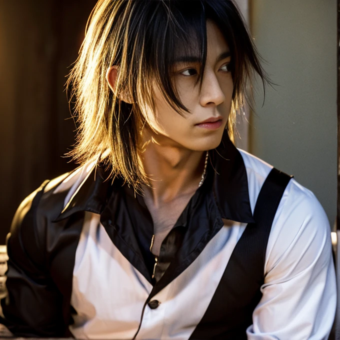 1 man, Japanese man, male, Asian eyes, muscular, broad shoulders, dragon,hairstyle Visual Kei style, hair Visual Kei, black men's shirt and black pants, ultra detailed face, hyperrealistic, realistic representation, 30 years old, ,age 30 years, Blonde hair, long hair.