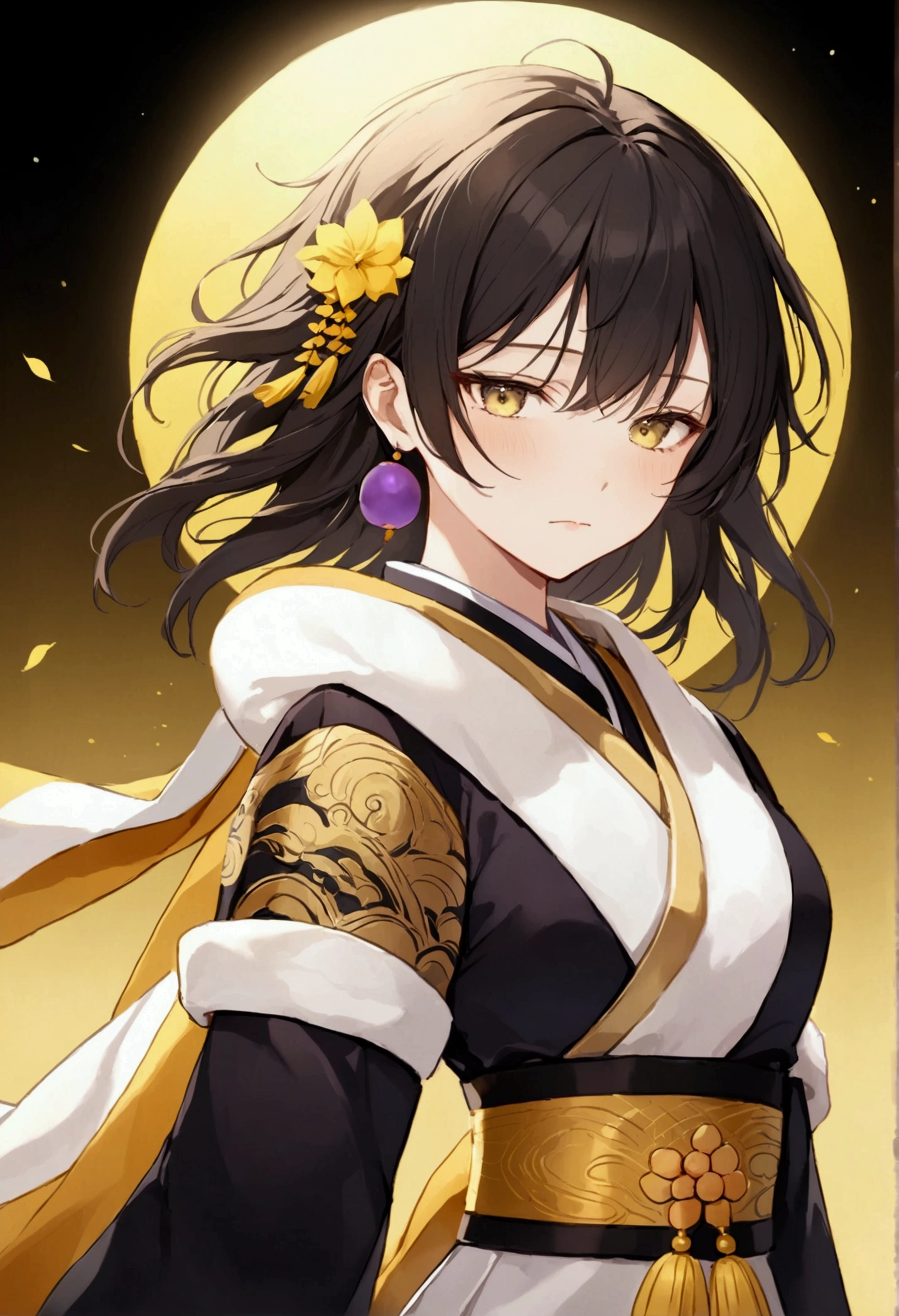 woman,Auspicious days,Background yellow,sun,Black Hair，Sad