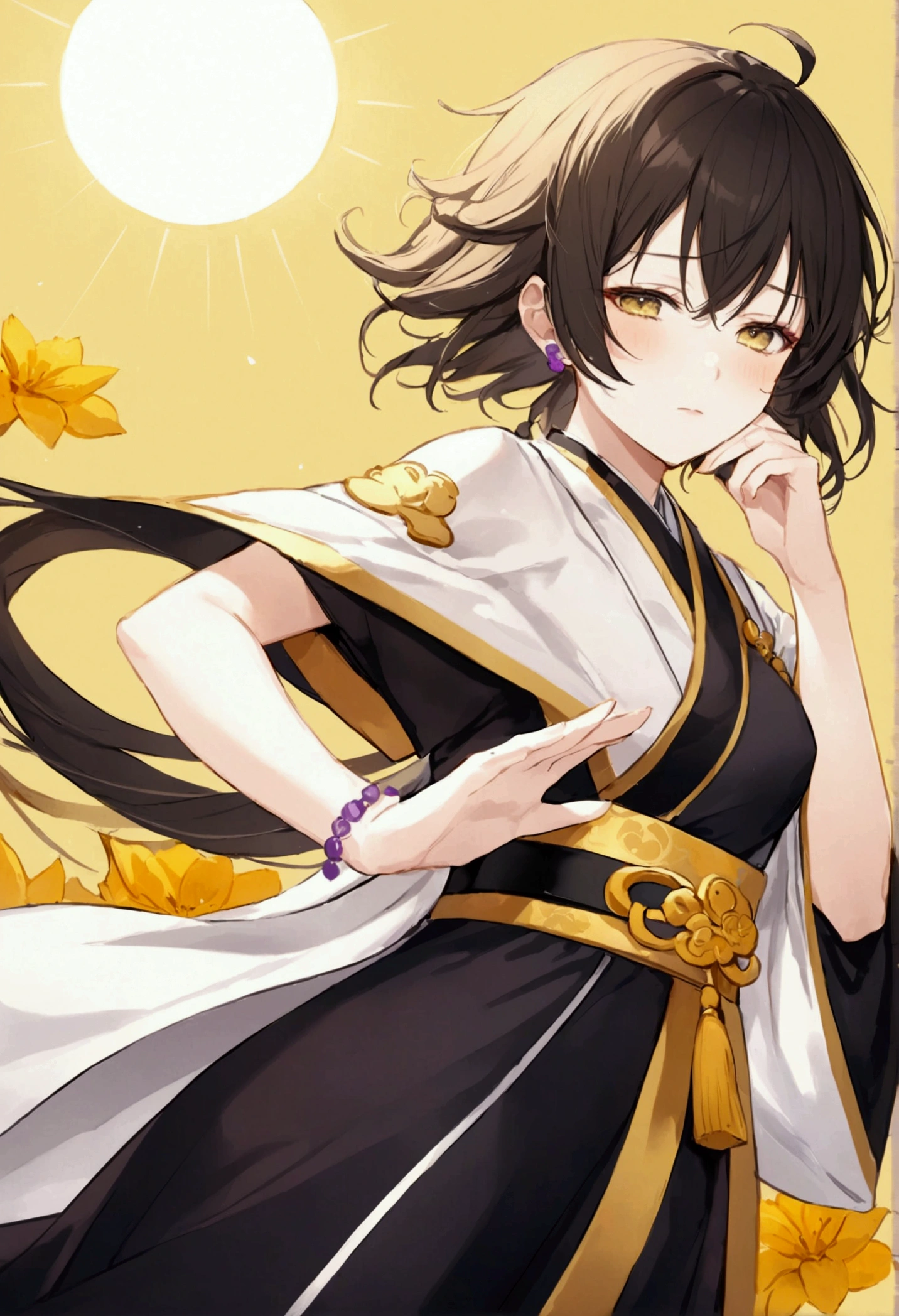 woman,Auspicious days,Background yellow,sun,Black Hair,Sad