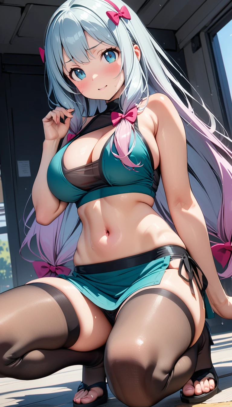 best quality ,masterpiece,solo,1girl,purple hair,long hair, purple eyes,bra,panties,looking down,evil smile,blush,sweating,small lady serenity,big breasts,despise,steam,ass,ass focus,sweat bullets,back to the viewer,open mouth,on hand on ass,one hand behind head,armpit