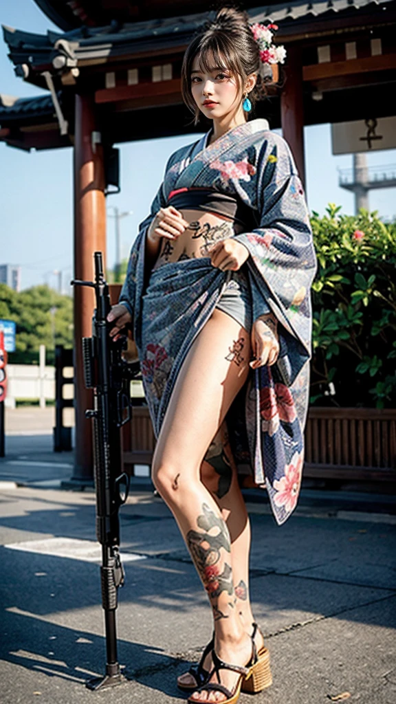 Beautiful Thai-Melanesian woman, (16 years old), pretty face, red lips,
BREAK,
Athletic feminine body, Female fitness model body, Hard toned feminine body, (muscles: 1.2), (beautiful navel),
BREAK,
Mixed martial arts, Kung fu fighter, Japanese idol,
BREAK,
(wearing cute kimono: 1.3), Red high heels, necklace, earrings, short length,
BREAK,
Short hair, (Bob hair), (Bangs: 1.2), (Rainbow hair), (Wavy hair),
BREAK,
(Holding a very large automatic rifle in her hands, Finger on the trigger of an automatic rifle, Standing with a very large automatic rifle, Raising a very large automatic rifle: 1.4), (Getting into a fighting position),
BREAK,
(Large tattoos all over her body, 80% of her body covered in Japanese tattoos: 1.4),
BREAK,
Masterpiece, Perfect lighting, Ultra high resolution, 8K, (Very detailed: 1.4), Front view, Looking at camera, Melancholic expression,
BREAK,
(Tokyo city, many people in background), Tokyo city background,