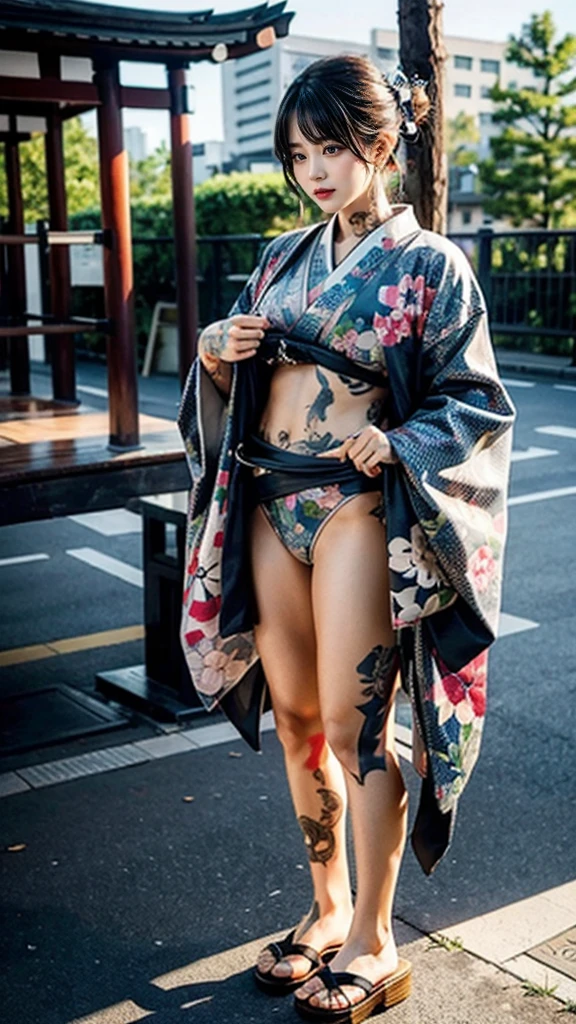 Beautiful Thai-Melanesian woman, (), pretty face, red lips,
BREAK,
Athletic feminine body, Female fitness model body, Hard toned feminine body, (muscles: 1.2), (beautiful navel),
BREAK,
Mixed martial arts, Kung fu fighter, Japanese idol,
BREAK,
(wearing cute kimono: 1.3), Red high heels, necklace, earrings, short length,
BREAK,
Short hair, (Bob hair), (Bangs: 1.2), (Rainbow hair), (Wavy hair),
BREAK,
(Holding a very large automatic rifle in her hands, Finger on the trigger of an automatic rifle, Standing with a very large automatic rifle, Raising a very large automatic rifle: 1.4), (Getting into a fighting position),
BREAK,
(Large tattoos all over her body, 80% of her body covered in Japanese tattoos: 1.4),
BREAK,
Masterpiece, Perfect lighting, Ultra high resolution, 8K, (Very detailed: 1.4), Front view, Looking at camera, Melancholic expression,
BREAK,
(Tokyo city, many people in background), Tokyo city background,