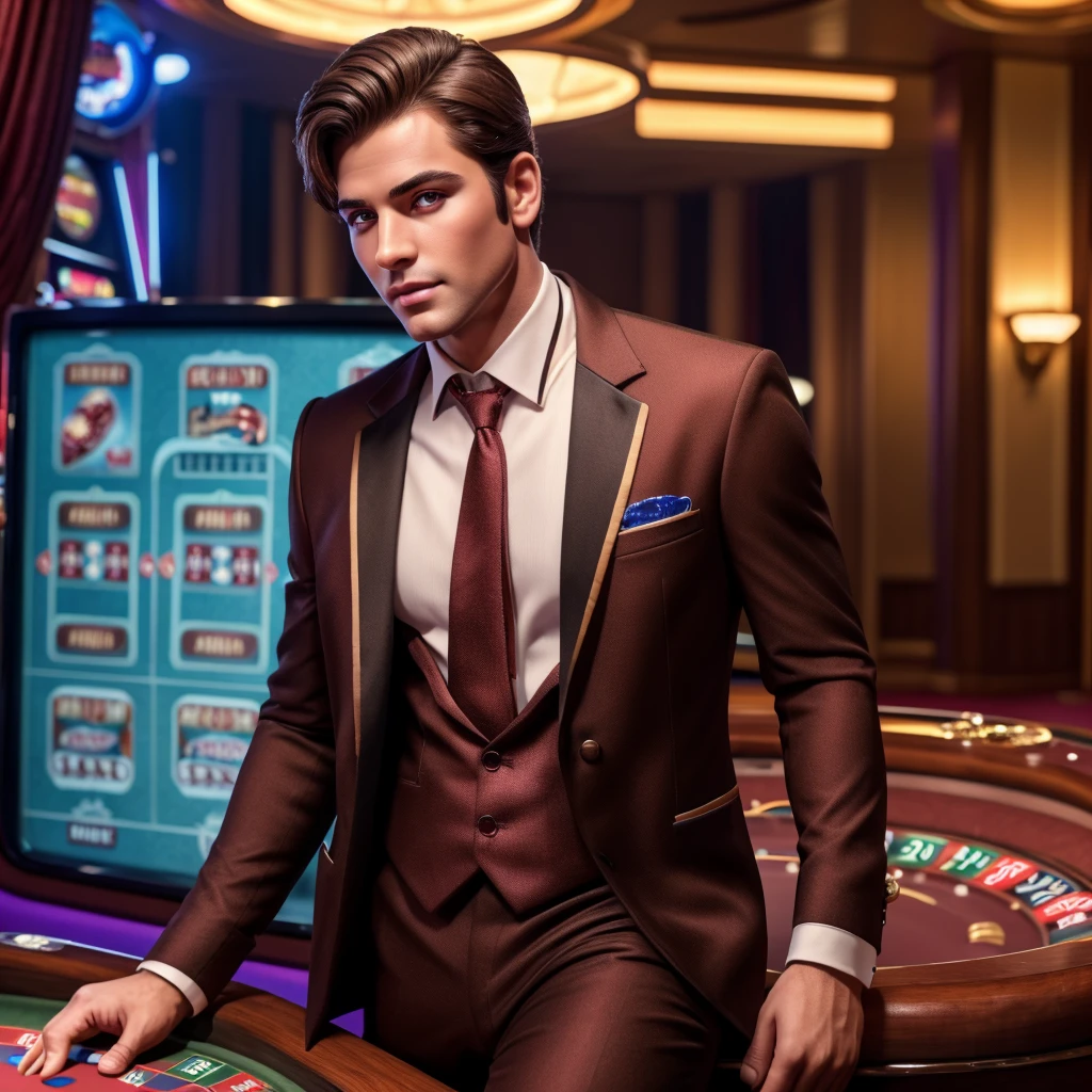 (best quality, 4K, masterpiece :1.3), Handsome Man, 1 men, dark brown hair: 1.1, Full Body ( Super detailed face, Detailed lips, delicate eyes, double eyelids, Wearing casino uniform