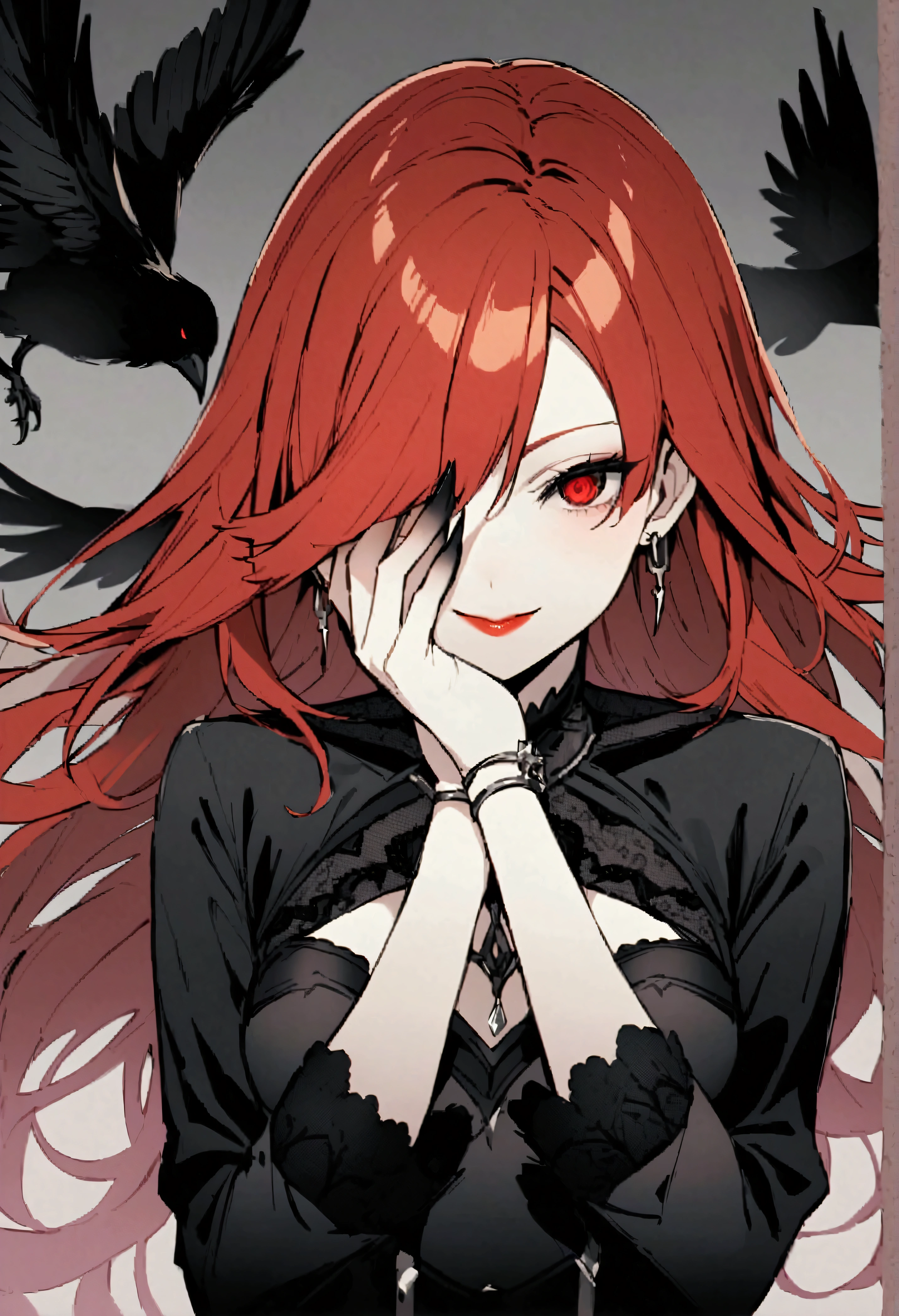 (Style 18:1.2)、真っ暗な城の前に黒いウインドブレーカーを着たRedheadの少女が立っていました。たくさんのCrowが彼女の周りと空中に浮かんでいて、Her hair was blowing in the wind。長いRedhead、bright red eyebrows、Red eyes、Red lips、clavicle、long red claws、Gold earrings、Black anti-spy finger cover、Black bra and belt、Oblique light、Black Featherが空中で舞い、smile、She has one hand raised to cover one eye。Medium chest、Long sleeve、Redhead、Crow、Fantasy、Sharp Eyes、Gothic attire、Black Feather、Silver Jewelry、Hands covering the face、mysterious、Digital Painting、Close-up、Dynamic configuration、Brush strokes、Cool color palette、Blurred Background、Shadow effects