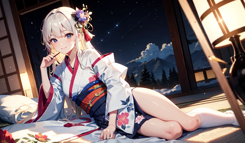 Movie angle,night,null,Beautiful Clouds,Detailed Background,constellation,starry null, One girl,alone,Glowing Skin,Tilt your head,smile,whole body,Wide Shot,(kimono, Floral print, heart, ribbon, yukata:1.2),Crystal of snow,Knee socks,Reflection Bed, whole body, (8k, RAW Photos, Highest quality, masterpiece:1.2, masterpiece8k.High resolution. High resolutionの不条理:1.2, Film Grain, Blurry bokeh:1.2, Lens flare, (Bright colors:1.2), (delicate)),sexy