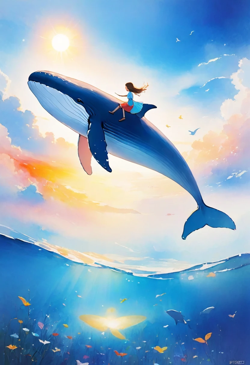 Highest quality:1.2、masterpiece:1.2、(((Blue whale blowing water)))、(((Solo Whale)))、(((Blue whale flying in the sky)))、Above the Clouds、There is no sea、Blue sky、White sun、A blue whale swimming slowly、Above the Cloudsを泳ぐクジラ、no gravityのクジラ、no gravity、