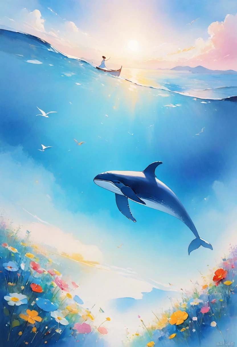Highest quality:1.2、masterpiece:1.2、(((Blue whale blowing water)))、(((Solo Whale)))、(((Blue whale flying in the sky)))、Above the Clouds、There is no sea、Blue sky、White sun、A blue whale swimming slowly、Above the Cloudsを泳ぐクジラ、no gravityのクジラ、no gravity、