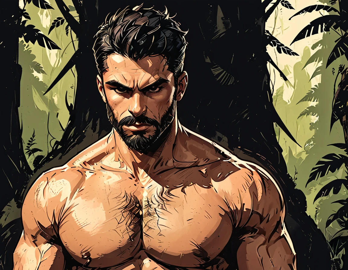 (((side view))),((profile engle)), ((man in profile)), angry, inflamed, against the backdrop of a tropical forest, Adult, Italian, Mesomorph Muscular body, perfect Olive skin, short Muscular neck, Rectangle faces, broad Muscular shoulders, Muscular fitness arms, Attached Cupped Symmetrical Ears, Low Forehead, black short combed back hair, Fleshy nose, Bold Tapered black Eyebrows, High Angular Symmetrical Prominent Cheekbones, Heart-Shaped Cheeks, triangular Chin, Angular jawline, brown Upturned eyes, Thin nude Lips, Designer Stubble black whiskers, triangular black hair beard, Muscular fitness breast, big muscles, dark novel style, graphic style of novel comics, perfect hands, 2d, 8k, hyperrealism, masterpiece, high resolution, best quality, ultra-detailed, super realistic, Hyperrealistic art, high-quality, ultra high res, highest detailed, lot of details, Extremely high-resolution details, incredibly lifelike, soft cinematic light,
