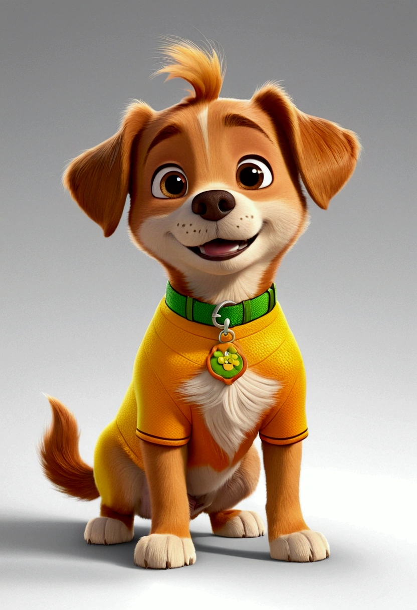 Garoto glad assimétrico de 16k, disney pixar style, 3d, animated cartoon, fluffly, shiny colors, short light brown hair, skin fair, short sleeve orange shirt, short verde, details Intricate, abraçando seu cachorrinho glad todo amarelo, dog with all yellow fur, glad