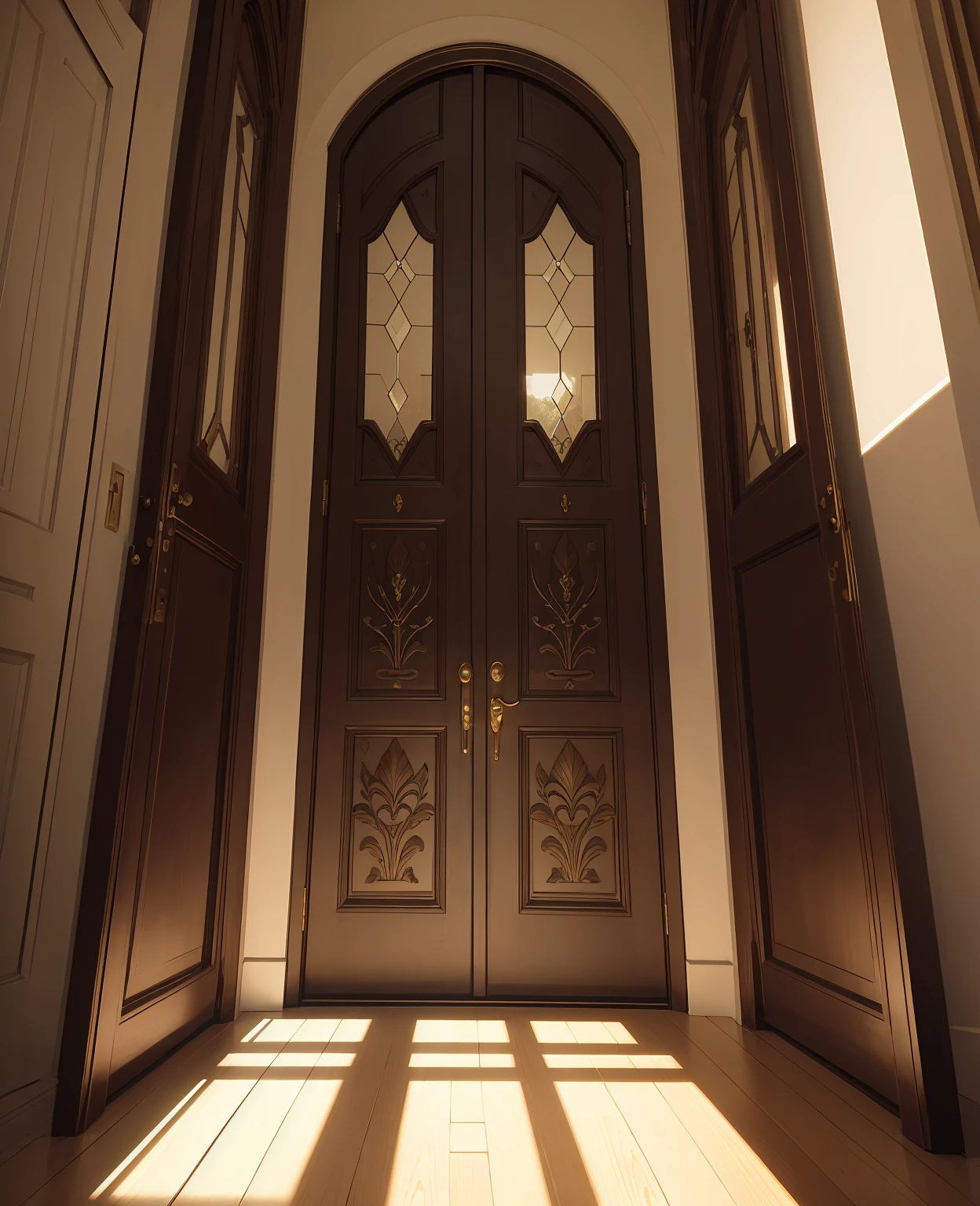 The door was an imposing double entrance, made of dark, polished wood, with ornate details carved into the frames. Large panes of glass were inserted into the door leaves., allowing natural light to enter and offering a clear view of the balcony. The brass doorknobs gleamed softly in the sunlight., and the hinges, although solid, made a slight squeak when opened, revealing the passage to the large and airy balcony.