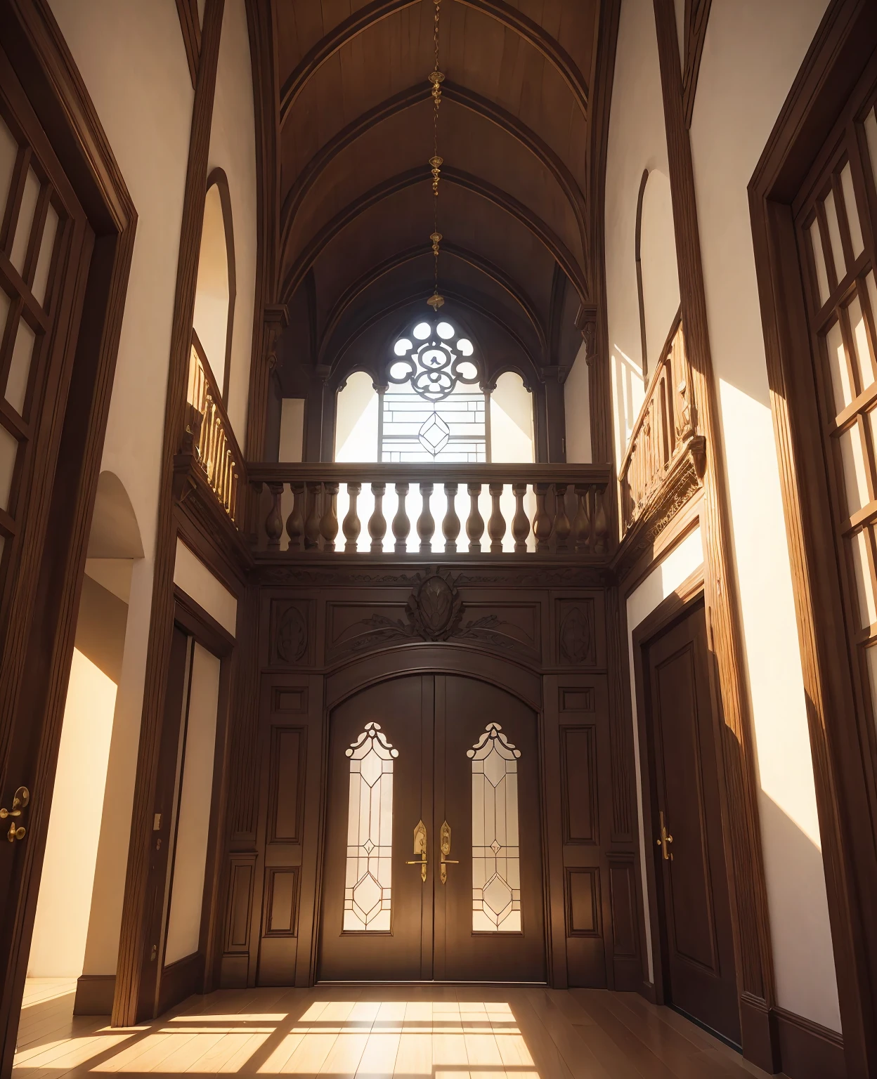 The door was an imposing double entrance, made of dark, polished wood, with ornate details carved into the frames. Large panes of glass were inserted into the door leaves., allowing natural light to enter and offering a clear view of the balcony. The brass doorknobs gleamed softly in the sunlight., and the hinges, although solid, made a slight squeak when opened, revealing the passage to the large and airy balcony.