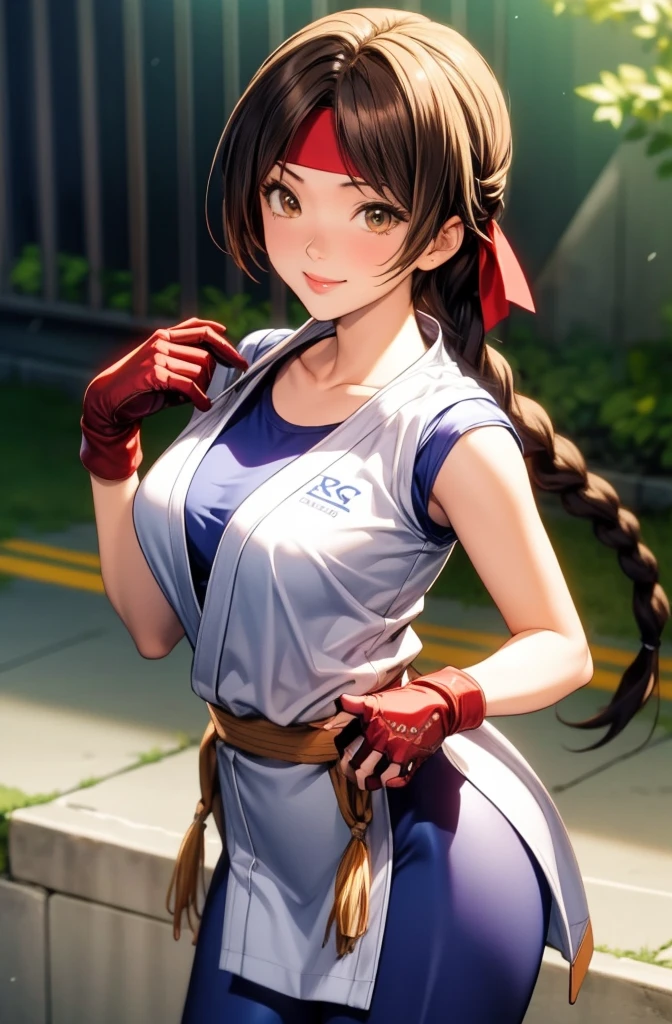 perfect eyes:1.2, detailed eyes:1.4, yurims, headband, ass, blue pantyhose, braided ponytail, brown hair, brown eyes, smile, dougi, spandex, gloves, fingerless gloves, leggings, cowboy shot, 1girl, solo, (masterpiece:1.6, best quality), 8k, insane details, intricate details, hyperdetailed, hyper quality, high detail, ultra detailed, professional, HDR, ray tracing reflection, cinematic lighting,