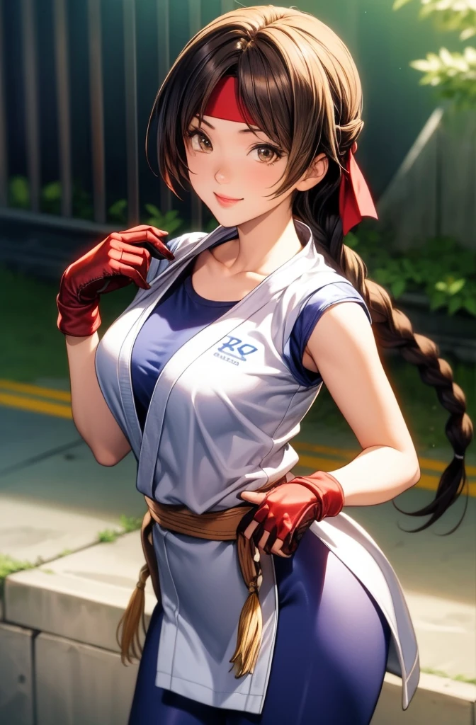 perfect eyes:1.2, detailed eyes:1.4, yurims, headband, ass, blue pantyhose, braided ponytail, brown hair, brown eyes, smile, dougi, spandex, gloves, fingerless gloves, leggings, cowboy shot, 1girl, solo, (masterpiece:1.6, best quality), 8k, insane details, intricate details, hyperdetailed, hyper quality, high detail, ultra detailed, professional, HDR, ray tracing reflection, cinematic lighting,
