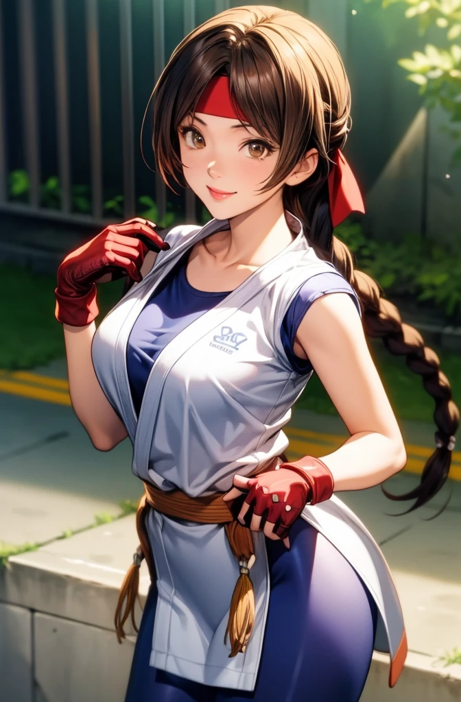 perfect eyes:1.2, detailed eyes:1.4, yurims, headband, ass, blue pantyhose, braided ponytail, brown hair, brown eyes, smile, dougi, spandex, gloves, fingerless gloves, leggings, cowboy shot, 1girl, solo, (masterpiece:1.6, best quality), 8k, insane details, intricate details, hyperdetailed, hyper quality, high detail, ultra detailed, professional, HDR, ray tracing reflection, cinematic lighting,
