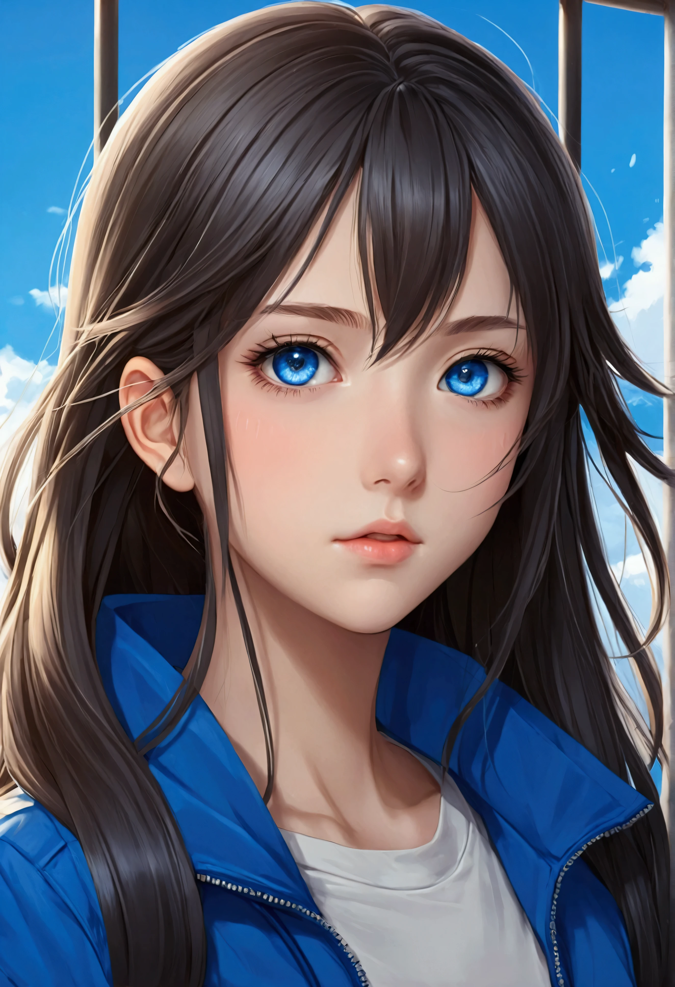 anime girl with long hair and blue eyes wearing a blue jacket, an anime drawing by Kamagurka, pixiv, auto-destructive art, anime visual of a cute girl, anime moe artstyle, anime style 4 k, detailed digital anime art, clean detailed anime art, cute anime girl, splash art anime , , anime style. 8k