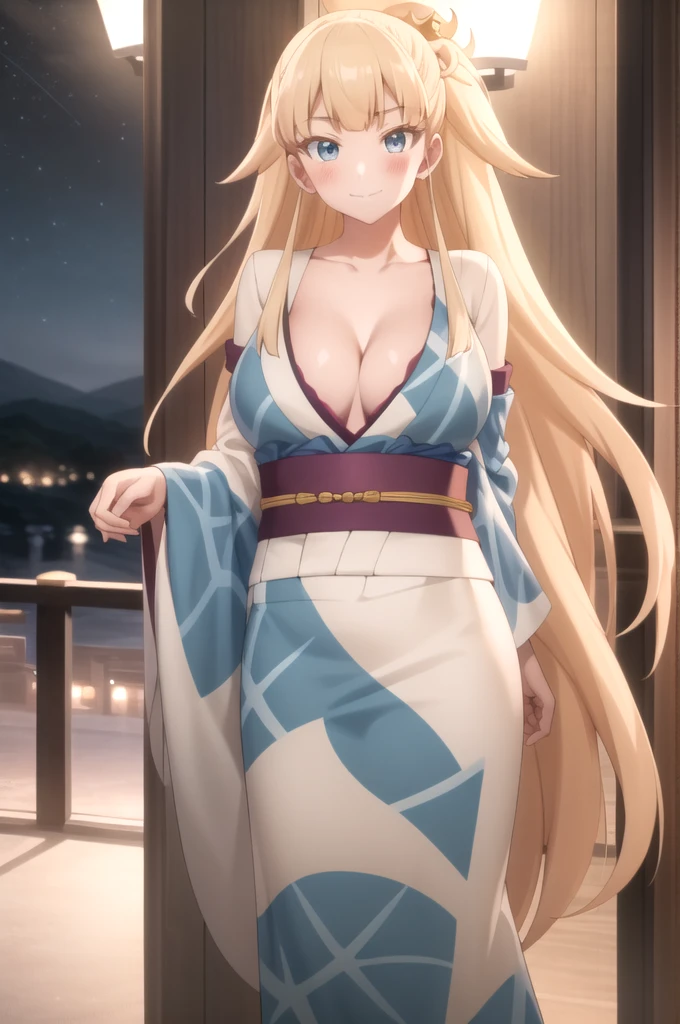 best quality, masterpiece, detailed, KrystalNovaty, 1girl, solo, light smile, closed mouth, blush, blonde hair, blue eyes, long hair, ponytail, crown, HimeYukata, japanese clothes, obi, large breasts, facing viewer, arms behind back, looking at viewer,
night, cleavage