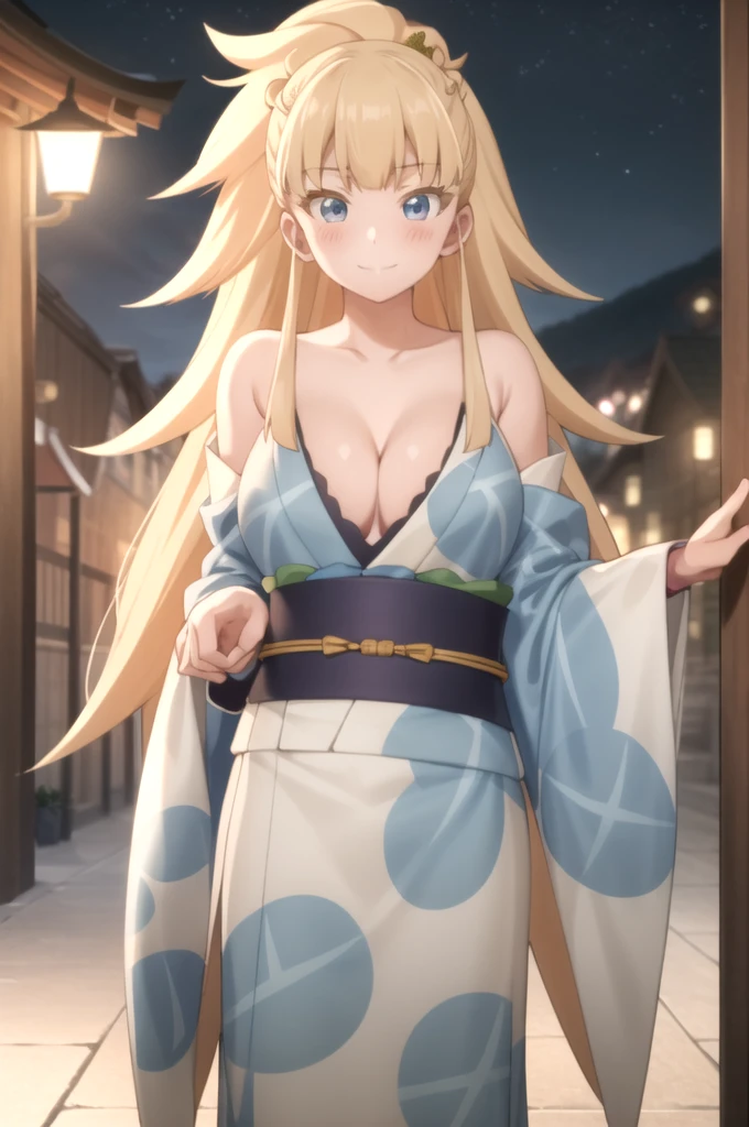 best quality, masterpiece, detailed, KrystalNovaty, 1girl, solo, light smile, closed mouth, blush, blonde hair, blue eyes, long hair, ponytail, crown, HimeYukata, japanese clothes, obi, large breasts, facing viewer, arms behind back, looking at viewer,
night, cleavage