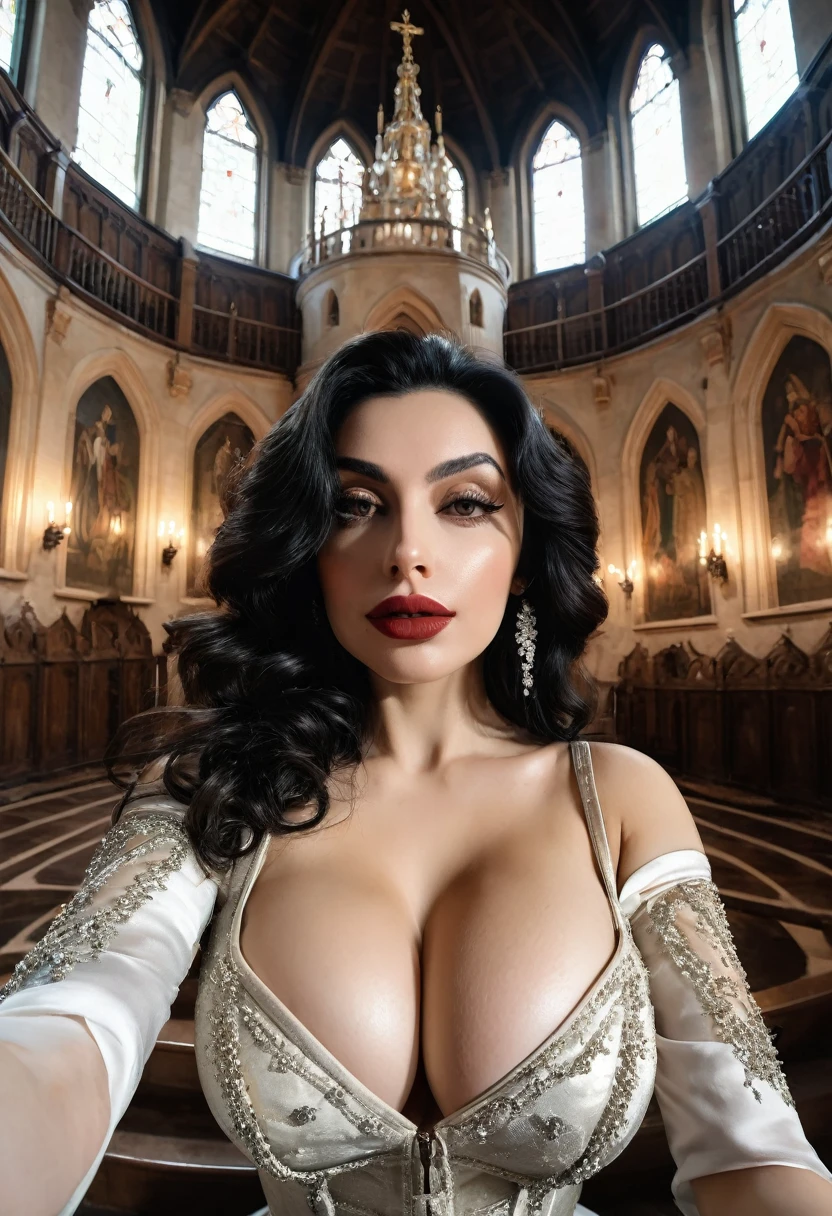 Lady Dimitrescu taking realistic cleavage selfie in her castle wearing large elegant chapel