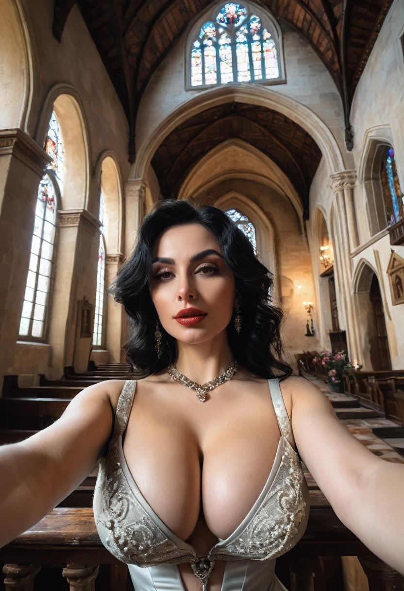 Lady Dimitrescu taking realistic cleavage selfie in her castle wearing large elegant chapel