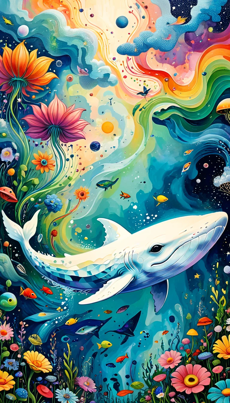 Children's graffiti,Thick coating,Concave and convex texture,Oil pastel strokes:Artists from the stars,Child,joy, Flying white Whale:1.37、Eruption Cloud、flowesh、章fish触手瀑布。、bird、Eye、diatom,Abstract mosaic painting,Describing the inner world of autistic people,Large area of white,interesting,Innocence,Vision,Psychedelic Art,