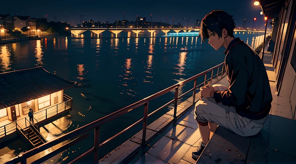 1 Anime handsome boy sitting on a ledge of bridge at sunsetlooking at the river, Crowded people around him at festival, waiting sadly, Wallpaper 8K, Anime Art Wallpaper 8K, Anime Art Wallpaper 8K, Estilo anime 8K, 8k anime wallpapers, Wallpapers manga 4K wallpapers, Makoto Shinkai Cirilo Rolando, crowded festival, menino lofi