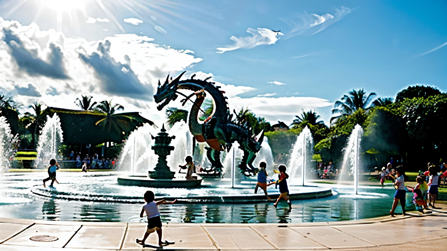 A group of children playing water fights on the fountain island with a mechanical dragon