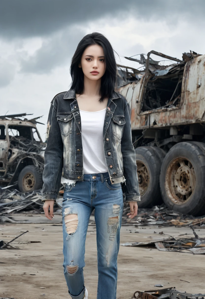 4D hyper realistic image about a beautiful girl with shoulder length black hair, casual clothes and a shabby jacket, tattered jeans, In a distant future, power has run out and the old machines of war are left to rot, cloudy atmosphere 