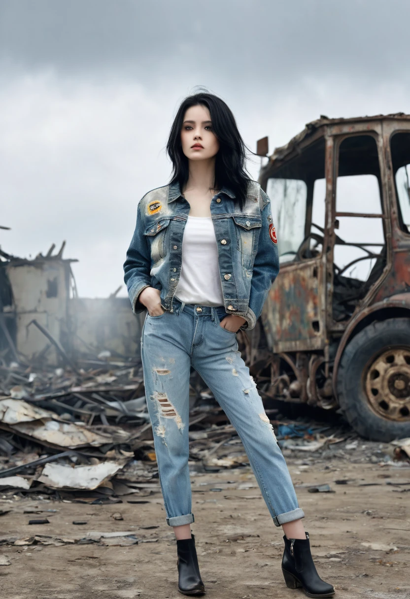 4D hyper realistic image about a beautiful girl with shoulder length black hair, casual clothes and a shabby jacket, tattered jeans, In a distant future, power has run out and the old machines of war are left to rot, cloudy atmosphere