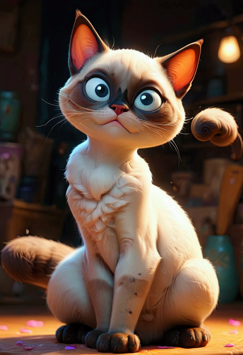 siamese cat, in t-pose, Pixar style, full body, paws up, detailed feline features, cute and adorable, dynamic pose, colorful 3D render, vibrant lighting, studio lighting, ultra-detailed, (4k,8k,highres:1.2), ultra-detailed, masterpiece, best quality, very aesthetic, absurdres