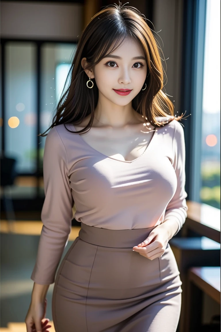 Best quality, intricate details, Japanese lady, cute face, random facial expression, standing pose, looking at viewer, in an office, random background, random hair style, skinny figure, tiny breasts, emphasize very thin waist, lovely body line, wearing a tight knit dress with random design