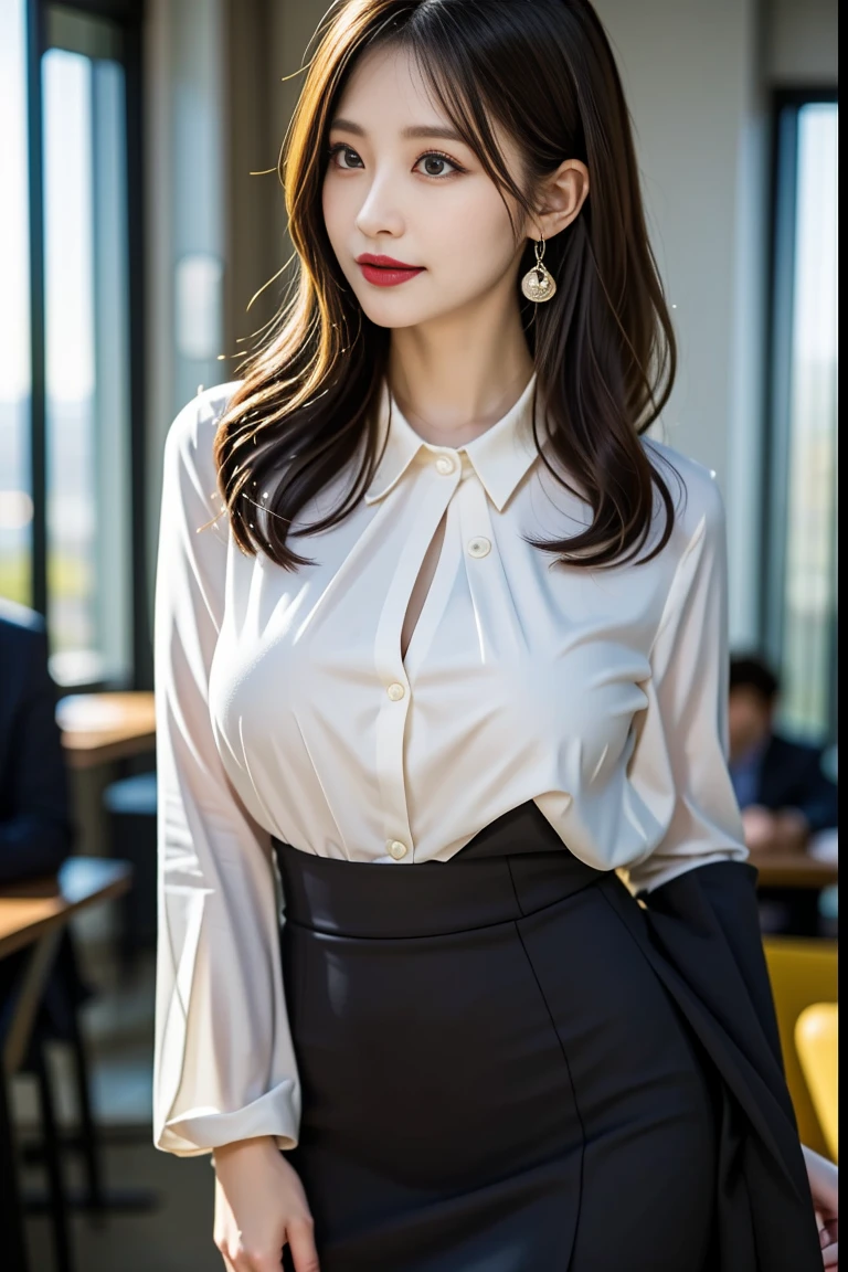  "Curvaceous Japanese office lady, 22 years old, height 163cm, business chic with
 hidden curves (92-63-93 cm), ample E-cup breasts concealed under blouse, slender
 63cm waist, full 93cm hips, shapely legs, clear fair skin (RGB: 255, 233, 209), oval
 face with soft features, almond-shaped eyes (dark brown, RGB: 54, 38, 22) with
 double eyelids, straight nose, full lips with natural pink color (RGB: 222, 165, 164) in
 a professional smile, long black hair styled in an elegant French twist updo, subtle
 makeup suitable for office with focus on eyes and neutral lip color, wearing a crisp
 white blouse with top buttons open hinting at cleavage, form-fitting dark gray pencil
 skirt accentuating hips and ending just above knees, black 3-inch heel pumps,
 delicate pearl necklace and earrings, standing confidently with one hand on hip in a
 modern office setting with floor-to-ceiling windows, Tokyo skyline view in background,
 soft natural lighting mixed with office fluorescents, corporate portrait style with a
 touch of glamour, shot with Sony A1 mirrorless camera, 85mm f/1.4 GM lens, ISO
 200, 1/160 sec, 50MP resolution, focus on professional appearance with subtle
 emphasis on curves--ar 2:3--q 2--s 850--v 6.0--style raw