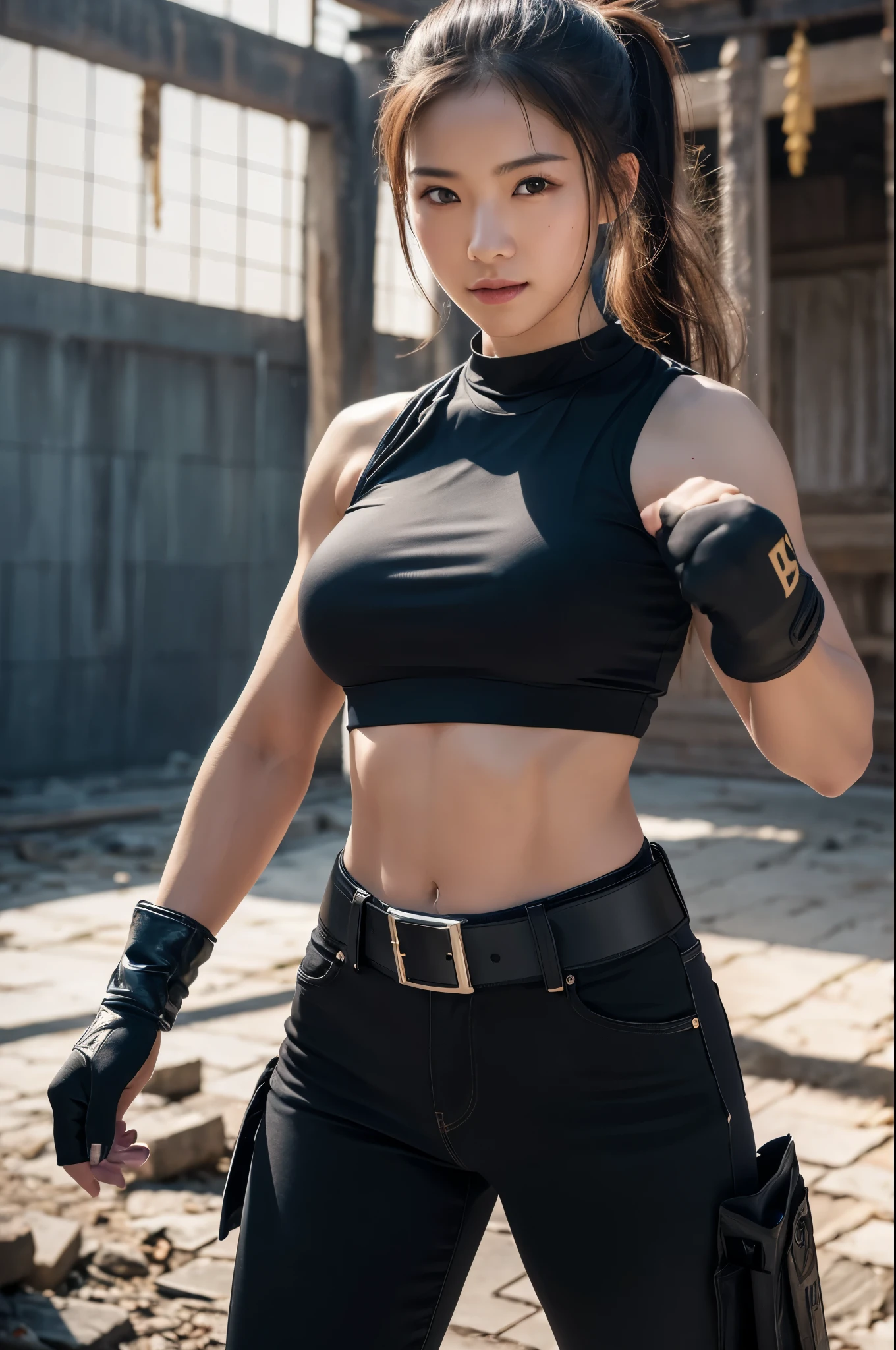 8k,younger sister,so beautiful(Like the real thing),Toned Up, Muscular body,sexy,clear narrow eyes,black eye,Cool smile,Blue combat jacket,Black Shirt,Black combat pants,short,Compensate,Ultra-Realistic Skin,Compensate,masterpiece,Photorealistic RAW photos of the highest quality。Bright colors,Rich colors, Backlight, Cinema Lighting, Film Grain, 50mm lens, Nikon D850,Detailed character art,Fantasy art,Ultra-high resolution,Ultra-Realistic Skin,Perfect hand shape,In front of the abandoned temple,Beautiful expression,close,Very small breasts,Muscular Beauty,Dynamic fighting pose,ponytail,Muscular Beauty,karate,Very small breasts,