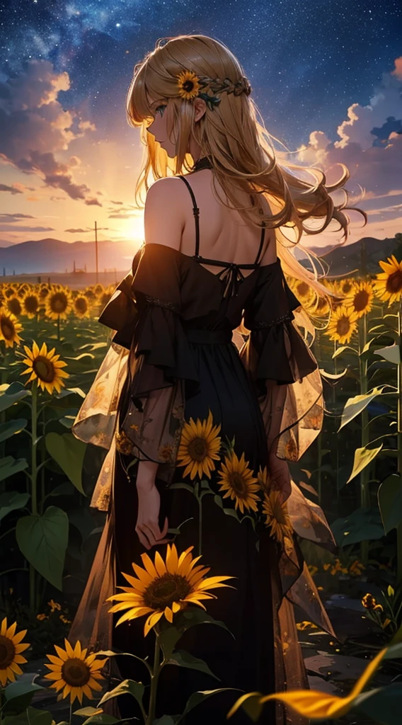 １people々々々々々々々々々々々々々,Blonde long-haired woman，camisole， Dress Silhouette， Rear View，Space Sky,　Sunflower flowers，Sunflower field，