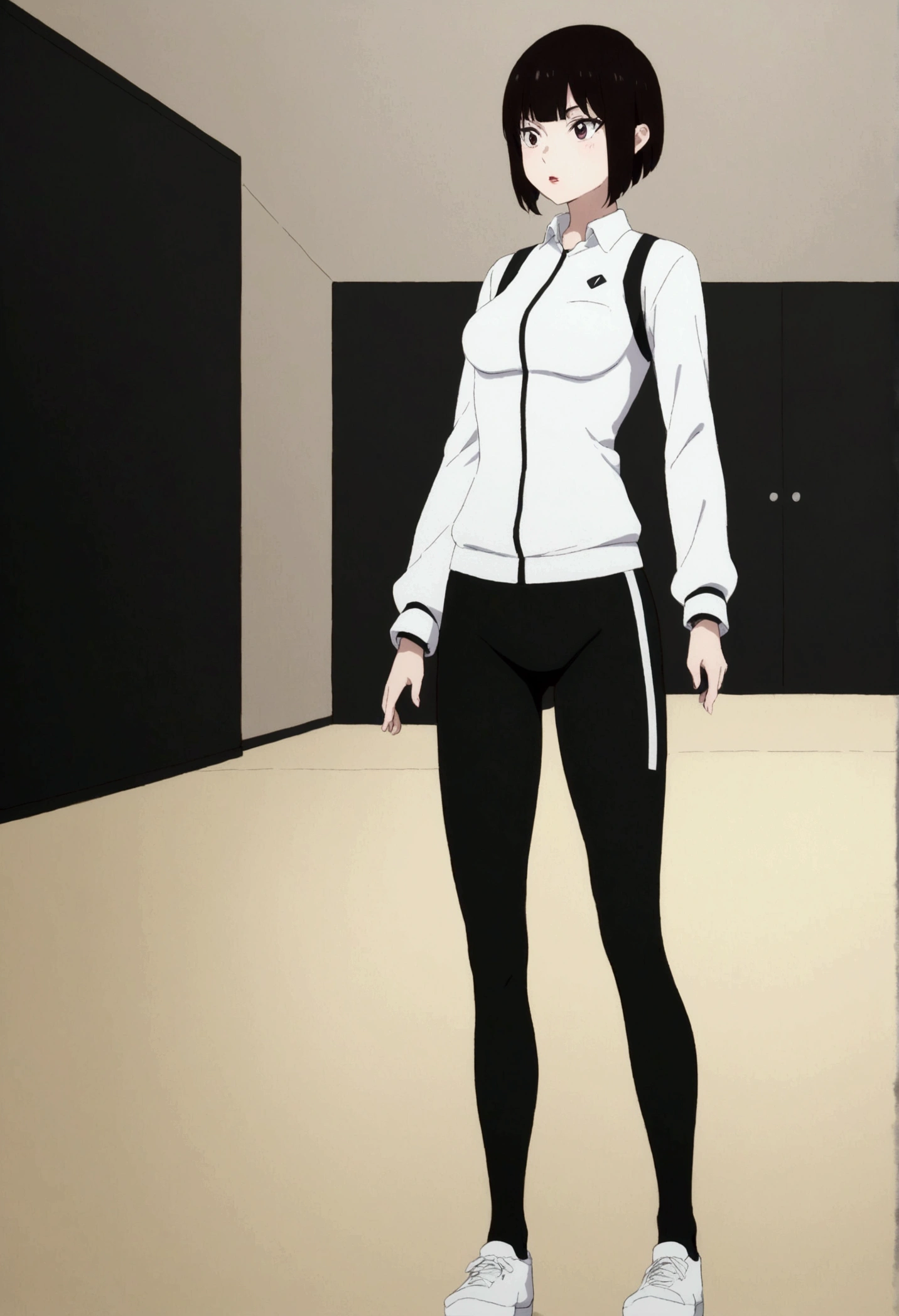 beautiful young fitness woman with , in a gym wearing May with black pantyhose, short haired brunette tomboy. standing alone