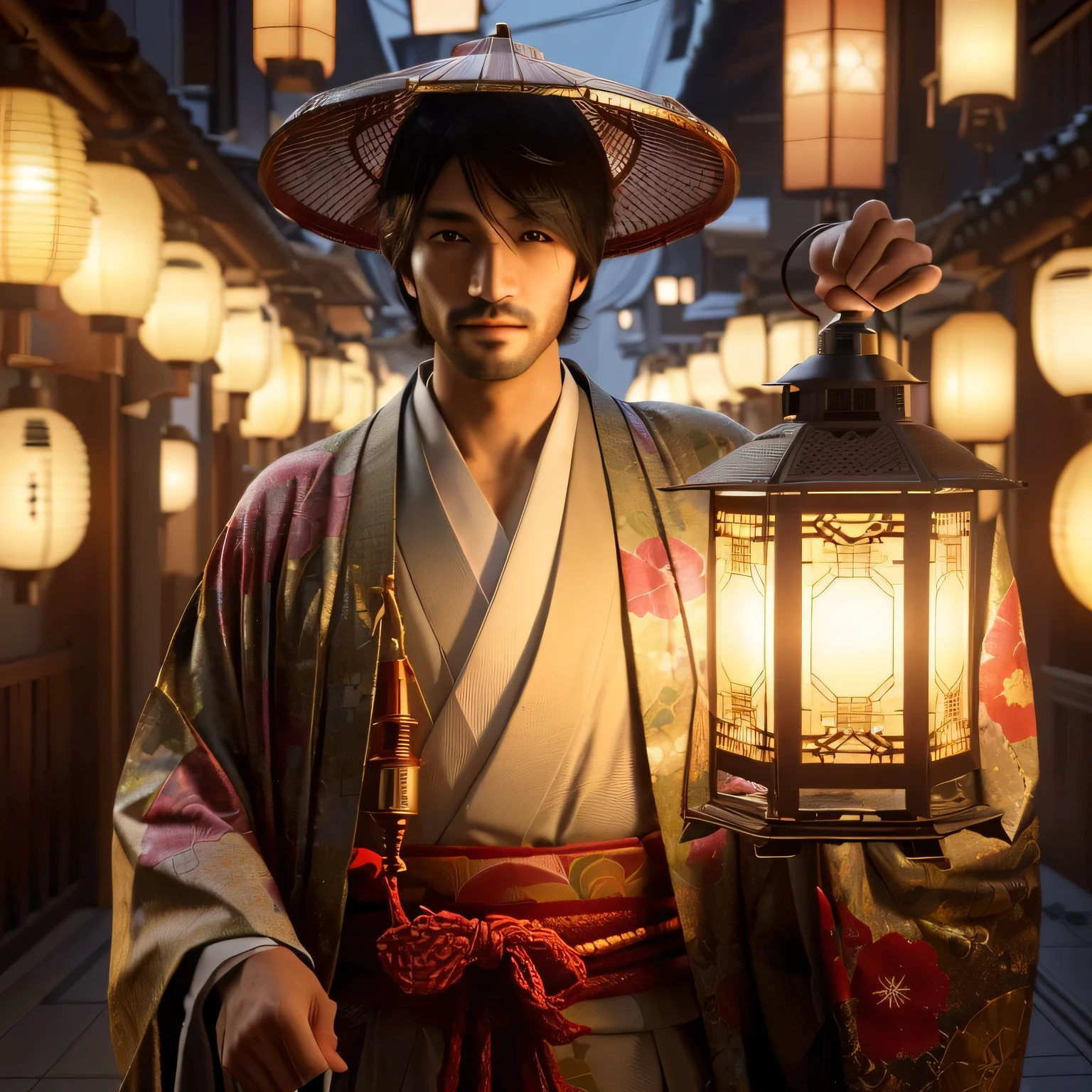 Arabian man in kimono holding a lantern in a hallway, akihiko yoshida. Unreal Engine, Japonisme 3d 8k ultra detailed, Japan. Volumetric lighting, Works inspired by Kano Hogai, cgsociety uhd 4k highly detailed, 3d rendering character art 8k, small character. Unreal Engine 5, Highly detailed cgsociety