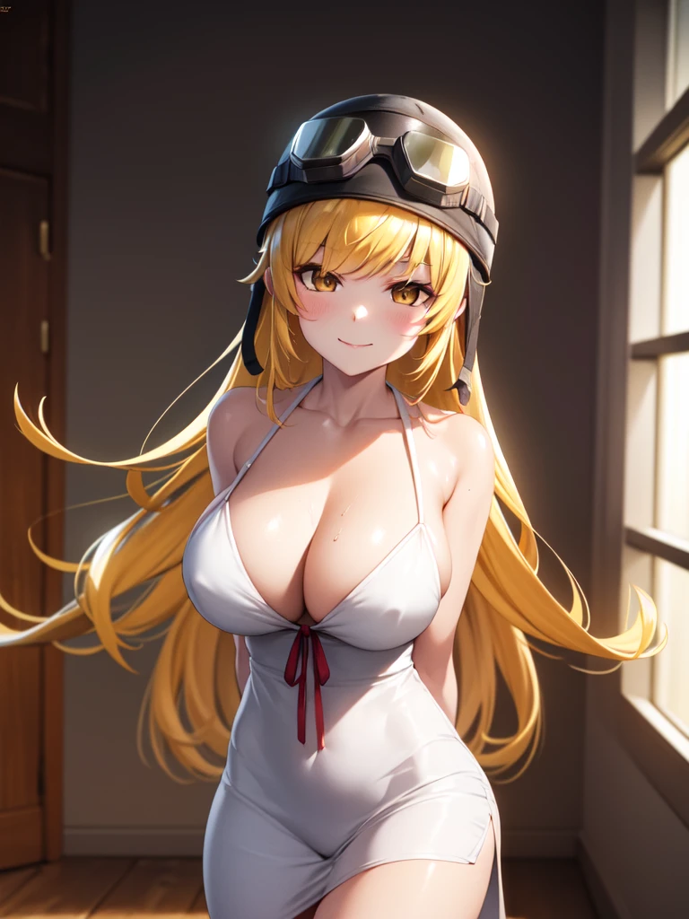oshinoshinobu, oshinoshinobu, Helmet, goggles, Strap slip, goggles on head, 8k, masterpiece, Absurd, anime, Long Hair, bangs, blunt bangs, (Vermilion eyes:1.1), Blonde, smile, break looking at viewer, (Cowboy Shot:1.5), break (masterpiece:1.2), Highest quality, High resolution, unity 8k wallpaper, (figure:0.8), (Beautiful attention to detail:1.6), Highly detailed face, Perfect lighting, Highly detailed CG, (Perfect hands, Perfect Anatomy), (3D Face:1.1), (Shiny skin:1.5), (超High resolution intricate face details), (Facial skin pores:1.3), 超High resolution cloth texture, 大きなsmile、Blushing、Open your mouth, Showing off her perfect legs, armpit:1.6, arms behind back, White Dress, mansion bedroom, In the middle of the night, Moonlight, Lying in bed:1.5, Huge breasts