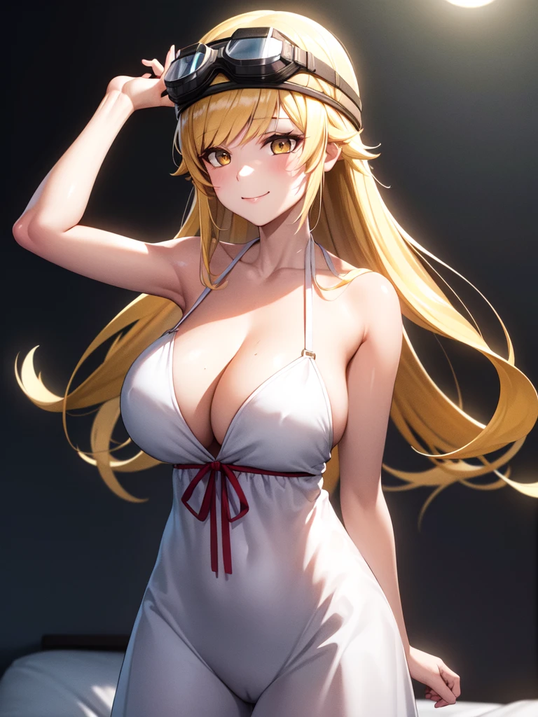 oshinoshinobu, oshinoshinobu, Helmet, goggles, Strap slip, goggles on head, 8k, masterpiece, Absurd, anime, Long Hair, bangs, blunt bangs, (Vermilion eyes:1.1), Blonde, smile, break looking at viewer, (Cowboy Shot:1.5), break (masterpiece:1.2), Highest quality, High resolution, unity 8k wallpaper, (figure:0.8), (Beautiful attention to detail:1.6), Highly detailed face, Perfect lighting, Highly detailed CG, (Perfect hands, Perfect Anatomy), (3D Face:1.1), (Shiny skin:1.5), (超High resolution intricate face details), (Facial skin pores:1.3), 超High resolution cloth texture, 大きなsmile、Blushing、Open your mouth, Showing off her perfect legs, armpit:1.6, arms behind back, White Dress, mansion bedroom, In the middle of the night, Moonlight, Lying in bed:1.5, Huge breasts