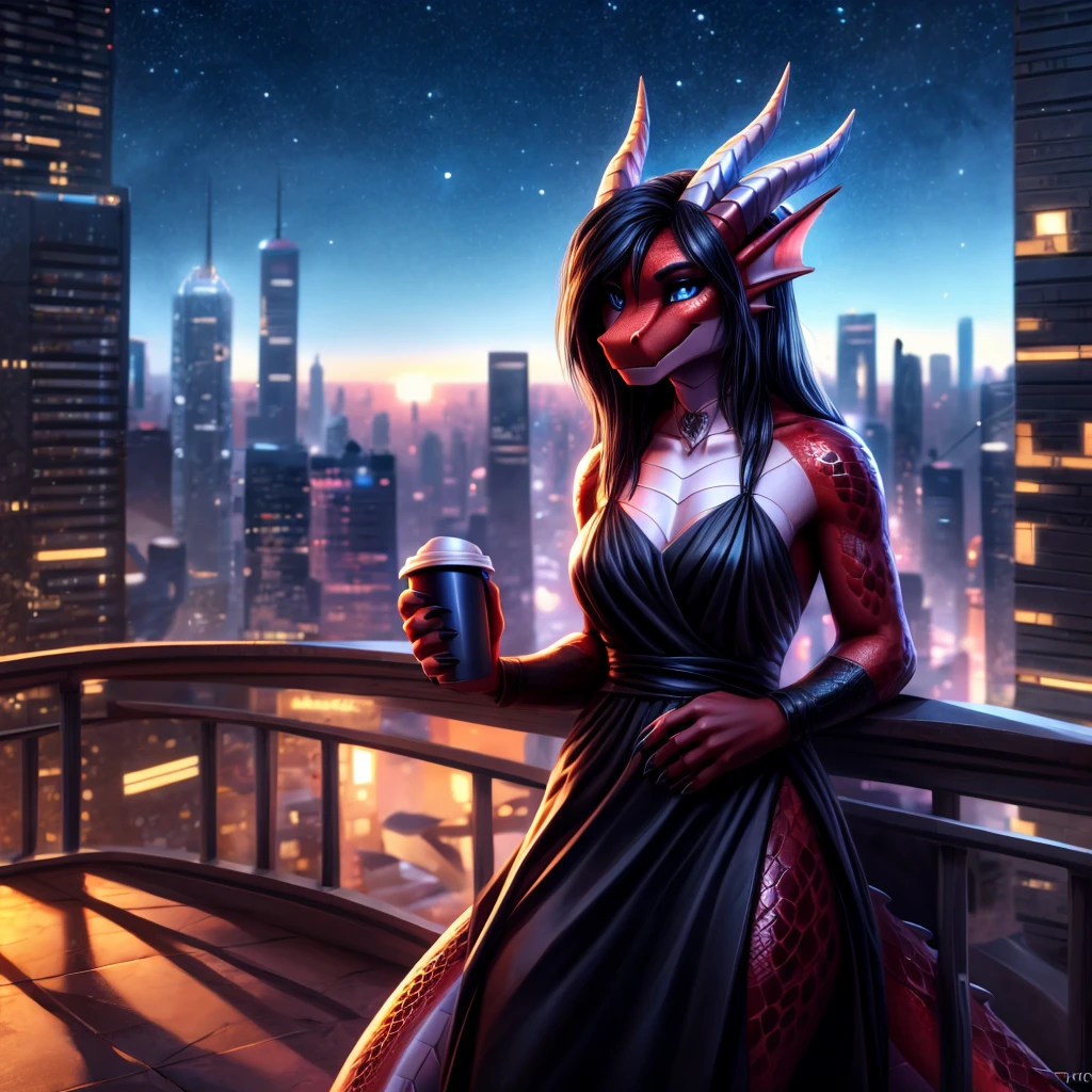 Anthro dragon, red-skinned, female, (Detailed scales: 1.2), solo, 1 person, 8k, 4k, (masterpiece: 1.4), (best quality: 1.4), (illustration: 1.2), (cinematic lighting: 1.3), (Ultra detailed: 1.7), long, flowing black hair, she smirks confidently out at a sprawling city skyline, black silk dress, dark blue-gray eyes, holding a cup of hot coffee, polished black pair of horns