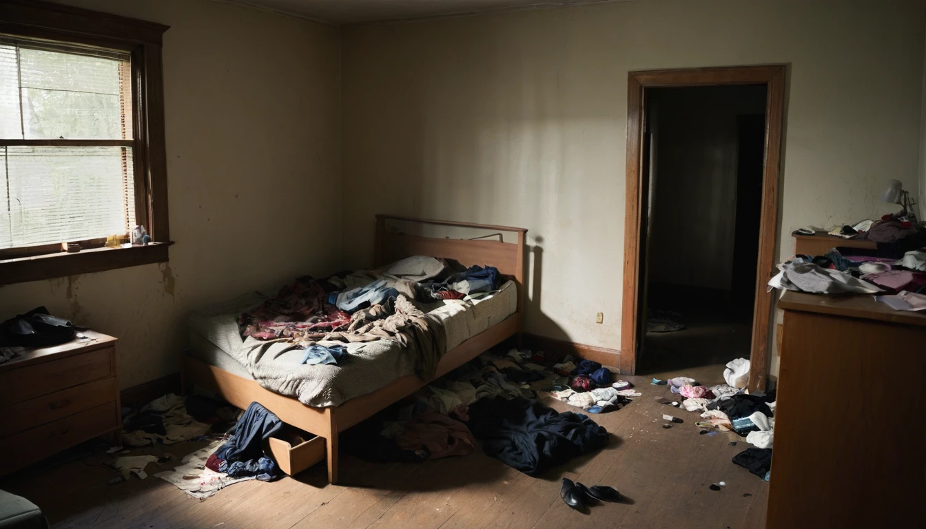 A partially lit room, with an unmade bed and a half-open window, suggesting invasion and disorder. Clothes strewn across the floor, with a dresser drawer open and empty. The image should evoke a sense of unease and suspicion, with ominous shadows creating an atmosphere of psychological terror.