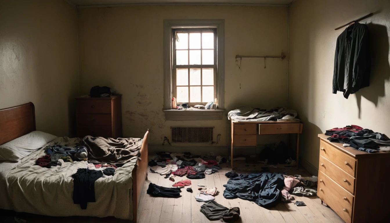 A partially lit room, with an unmade bed and a half-open window, suggesting invasion and disorder. Clothes strewn across the floor, with a dresser drawer open and empty. The image should evoke a sense of unease and suspicion, with ominous shadows creating an atmosphere of psychological terror.
