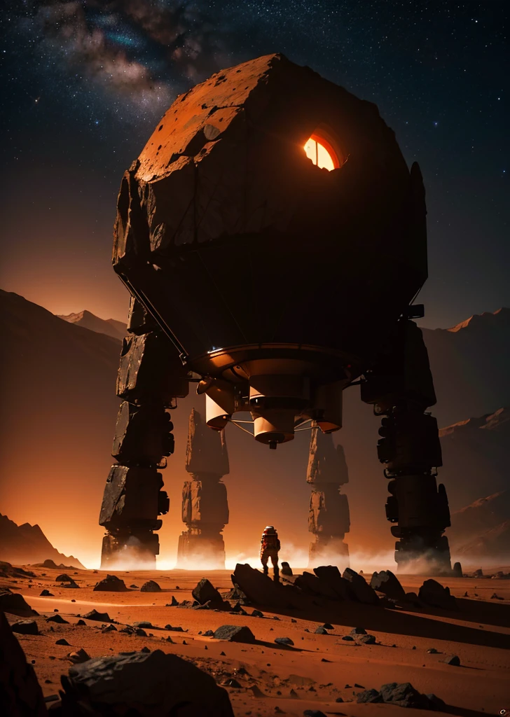 A detailed night scene on Mars, featuring an astronaut walking across the rocky terrain. The landscape is filled with jagged rocks, towering mountains, and scattered stones. The sky is dark, with a backdrop of distant stars and a faint Martian moon. The astronaut's suit is illuminated by a soft light, highlighting the details of the Martian environment. The overall atmosphere is serene yet mysterious, capturing the essence of exploration on the Red Planet at night.