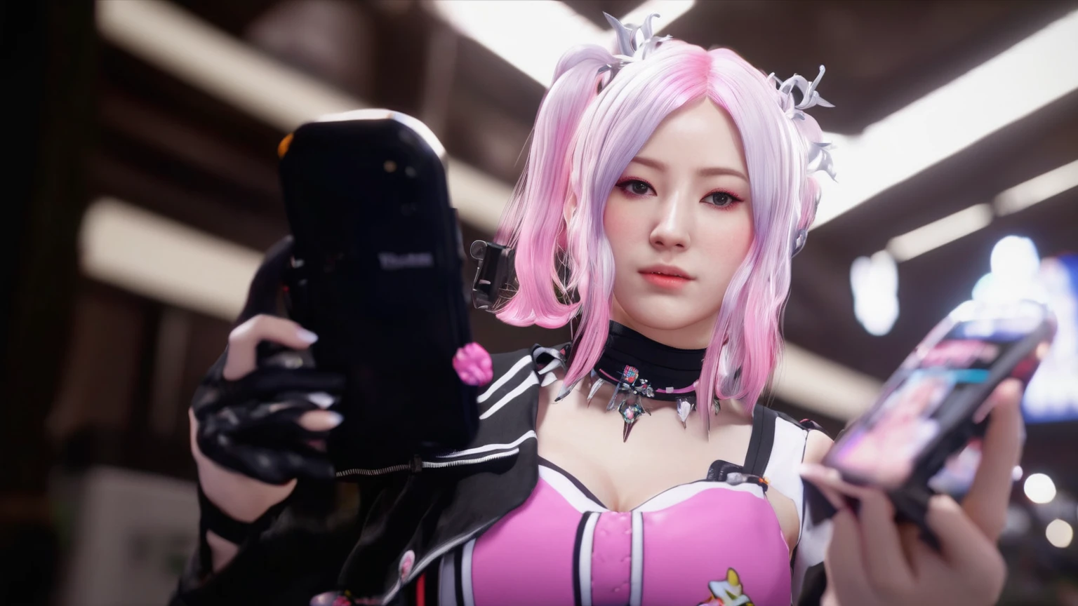 anime girl with pink hair and pink makeup holding a cell phone, dead or alive 6, as a character in tekken, from the azur lane videogame, pop japonisme 3 d ultra detailed, japonisme 3 d 8 k ultra detailed, characters from azur lane, azur lane style, waifu, captured on canon eos r 6