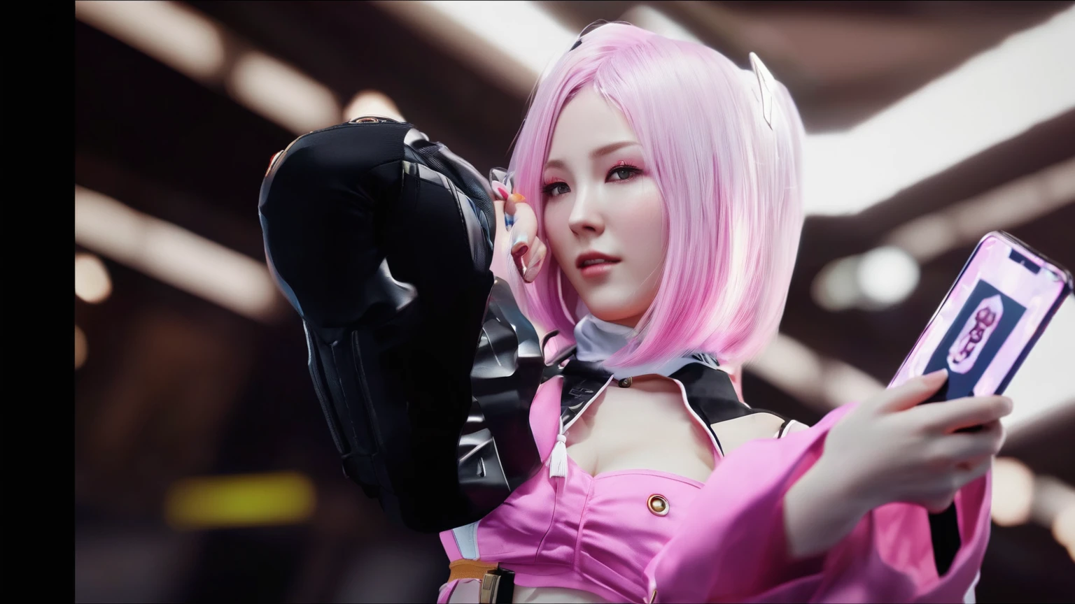 anime girl with pink hair and pink makeup holding a cell phone, dead or alive 6, as a character in tekken, from the azur lane videogame, pop japonisme 3 d ultra detailed, japonisme 3 d 8 k ultra detailed, characters from azur lane, azur lane style, waifu, captured on canon eos r 6