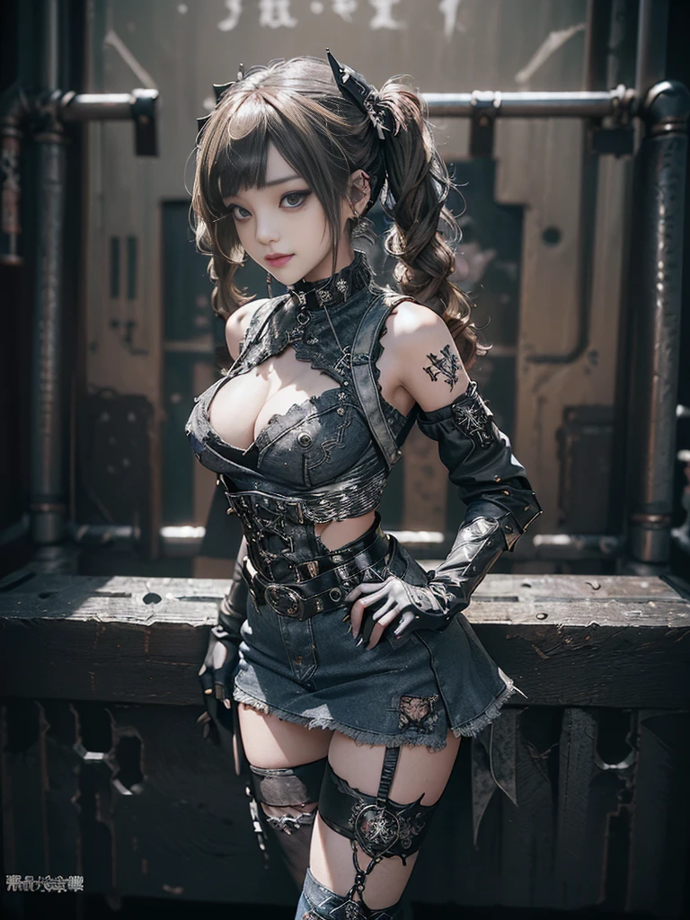 (Smiling with teeth showing:1.3),(Shibuya Gal:1.5)、(Stewardess Uniform:1.3)、(Gothic Lolita style fashion:1.5)、(Punk RockVisual Kei:1.4)、(Denim and black and white medieval noble mini skirt dress:1.5)、(Denim with black and white medieval gloves and bustier:1.5)、(Denim high heels:1.3)、(Wearing silver accessories:1.5)、(Denim collar:1.4)、(Black Leather Garter Belt:1.4)、(Brown Skin Belt:1.3)、(Black lace underwear:1.5)、20-year-old、NSFW、((Highest quality、In 8K、masterpiece:1.3))、Sharp focus:1.2、(Layered Cut、Huge boobs:1.1),Beautiful woman with perfect figure:1.4、(Dancing vigorously:1.3)、Slender Abs:1.2、Highly detailed face and skin texture、Detailed eyes、double eyelid,(Twin tails:1.3)、(Brown-golden hair:1.3)、Gravure idol、(The background is the Takarazuka Revue stage.:1.3)、(Slim Body:1.2),(Make your legs thinner:1.4),(clavicle:1.1)