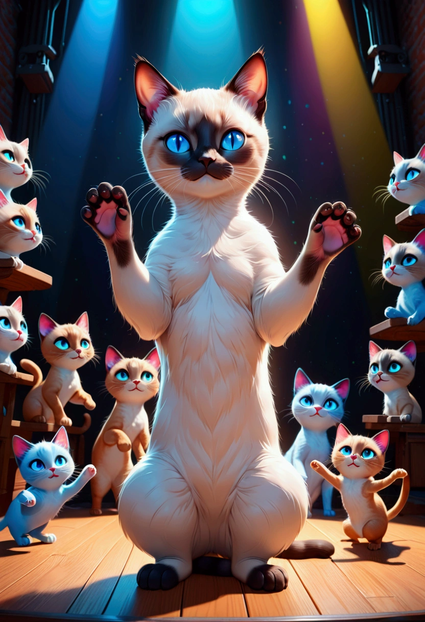 siamese cat, in t-pose, Pixar style, full body, paws up, detailed feline features, cute and adorable, dynamic pose, colorful 3D render, vibrant lighting, studio lighting, ultra-detailed, (4k,8k,highres:1.2), ultra-detailed, masterpiece, best quality, very aesthetic, absurdres