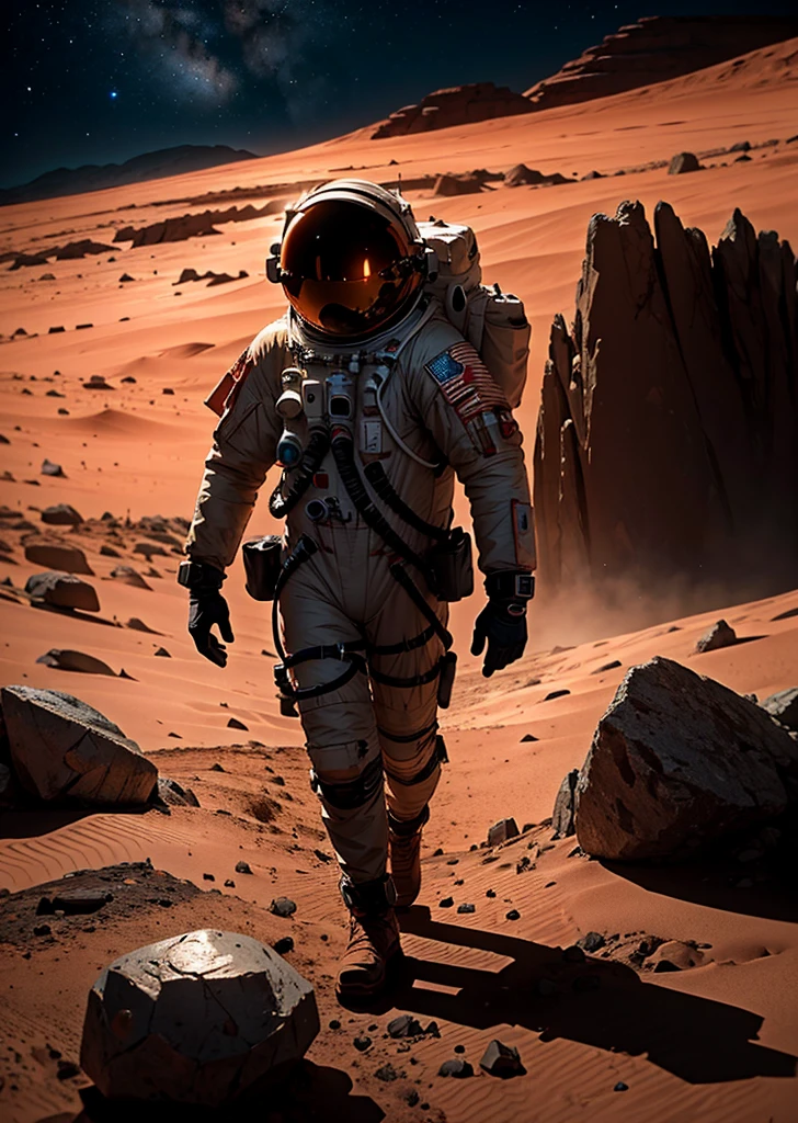 A detailed night scene on Mars, featuring an astronaut walking across the rocky terrain. The landscape is filled with jagged rocks, towering mountains, and scattered stones. The sky is dark, with a backdrop of distant stars and a faint Martian moon. The astronaut's suit is illuminated by a soft light, highlighting the details of the Martian environment. The overall atmosphere is serene yet mysterious, capturing the essence of exploration on the Red Planet at night.