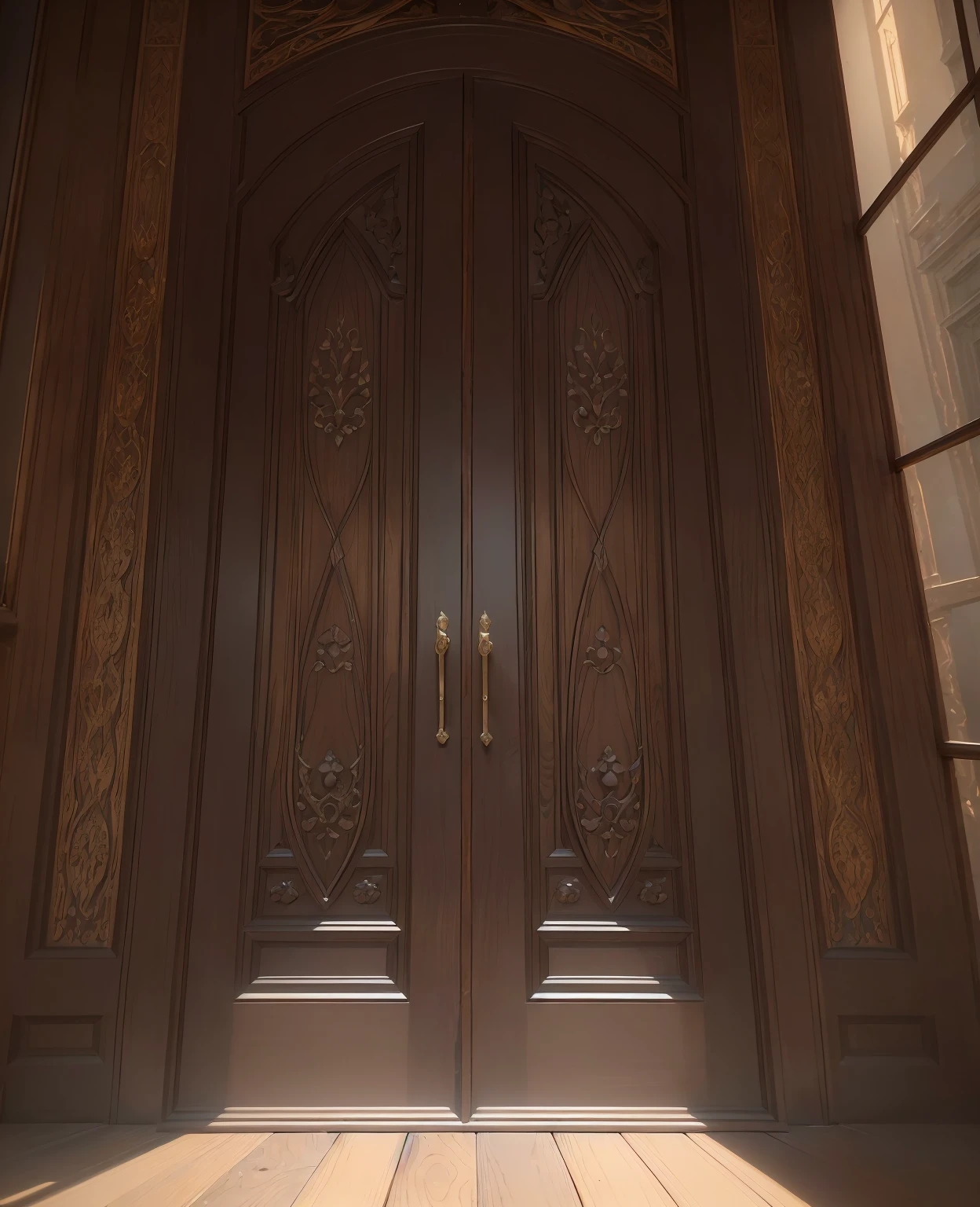 a dark wooden double door with glass panes and carved details, bronze doorknobs, detailed architecture, highly detailed, photorealistic, dramatic lighting, warm color tones, cinematic, intricate design, ornate, masterpiece, ultra-realistic, 8k, (best quality,4k,8k,highres,masterpiece:1.2),ultra-detailed,(realistic,photorealistic,photo-realistic:1.37)