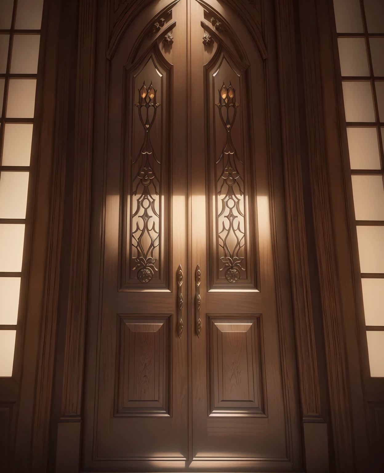a dark wooden double door with glass panes and carved details, bronze doorknobs, detailed architecture, highly detailed, photorealistic, dramatic lighting, warm color tones, cinematic, intricate design, ornate, masterpiece, ultra-realistic, 8k, (best quality,4k,8k,highres,masterpiece:1.2),ultra-detailed,(realistic,photorealistic,photo-realistic:1.37)