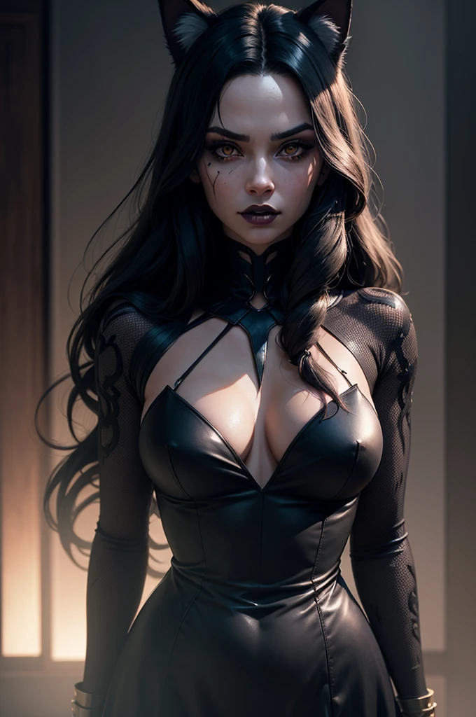 a beautiful young woman with long black hair, black dress, dark fantasy character, evil character, heavy black makeup, black lipstick, black veins, black cat ears, black wolf ears, cat eye pupils, masterfully detailed face, cinematic lighting, highly detailed, hyper realistic, octane render, muted color palette, dramatic chiaroscuro lighting