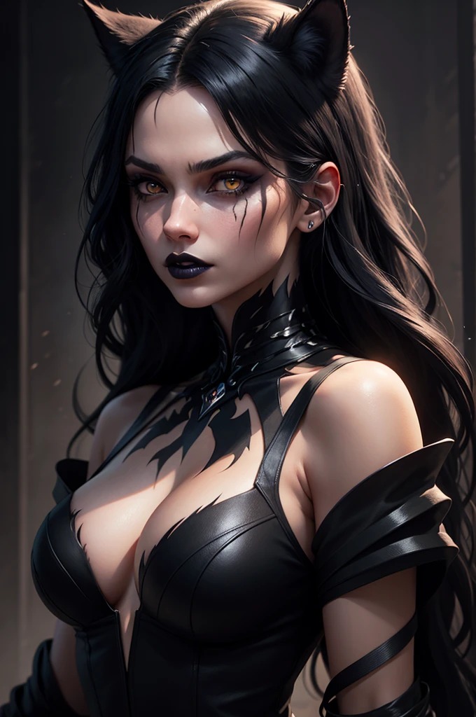 a beautiful young woman with long black hair, black dress, dark fantasy character, evil character, heavy black makeup, black lipstick, black veins, black cat ears, black wolf ears, cat eye pupils, masterfully detailed face, cinematic lighting, highly detailed, hyper realistic, octane render, muted color palette, dramatic chiaroscuro lighting